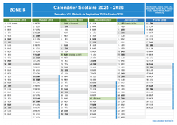 Calendrier scolaire 2025-2026 avec jours fériés - Zone B à imprimer - 1er semestre