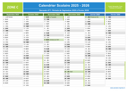 Calendrier scolaire 2025-2026 avec jours fériés de la Zone C à imprimer - 1er semestre