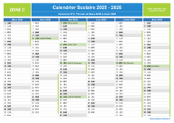 Calendrier scolaire 2025-2026 avec jours fériés de la Zone C à imprimer - 2nd semestre