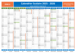 Calendrier scolaire 2025-2026 avec jours fériés - Zone A à imprimer