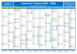 Calendrier scolaire 2025-2026 avec jours fériés - Zone B à imprimer
