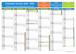 Calendrier scolaire 2025-2026 avec jours fériés et numéros de semaine - Zones A-B-C - 1er semestre