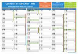 Calendrier scolaire 2025-2026 avec jours fériés et numéros de semaine - Zones A-B-C - 2nd semestre