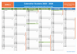 Calendrier scolaire 2025-2026 avec jours fériés et numéros de semaine - Zone A - 1er semestre