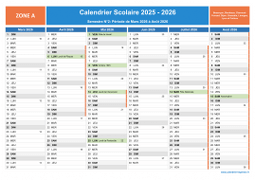 Calendrier scolaire 2025-2026 avec jours fériés et numéros de semaine - Zone A - 2nd semestre