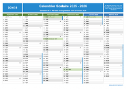 Calendrier scolaire 2025-2026 avec jours fériés et numéros de semaine - Zone B - 1er semestre