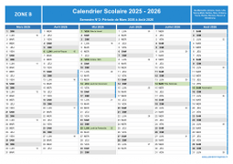 Calendrier scolaire 2025-2026 avec jours fériés et numéros de semaine - Zone B - 2nd semestre