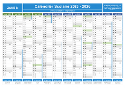 Calendrier scolaire 2025-2026 avec jours fériés et numéros de semaine - Zone B