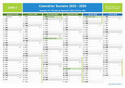 Calendrier scolaire 2025-2026 avec jours fériés et numéros de semaine - Zone C - 1er semestre
