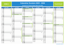Calendrier scolaire 2025-2026 avec jours fériés et numéros de semaine - Zone C - 2nd semestre