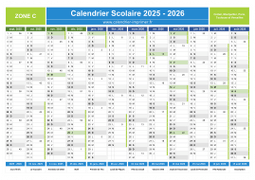 Calendrier scolaire 2025-2026 avec jours fériés et numéros de semaine - Zone C