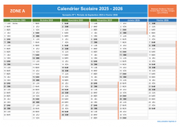 Calendrier scolaire 2025-2026 de la Zone A à imprimer - 1er et 2nd semestre
