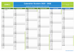 Calendrier scolaire 2025-2026 de la Zone C à imprimer - 1er semestre