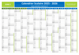 Calendrier scolaire 2025-2026 de la Zone C à télécharger gratuit et imprimer