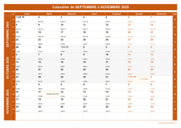 Calendrier pour les mois de Septembre à Novembre 2025 paysage 1