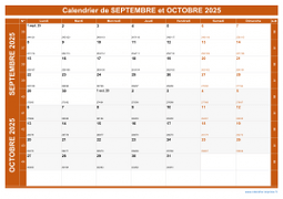 Calendrier pour les mois de Septembre et Octobre 2025 paysage 1