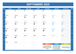 Calendrier septembre 2025 paysage avec vacances, jours fériés et numéros de semaine