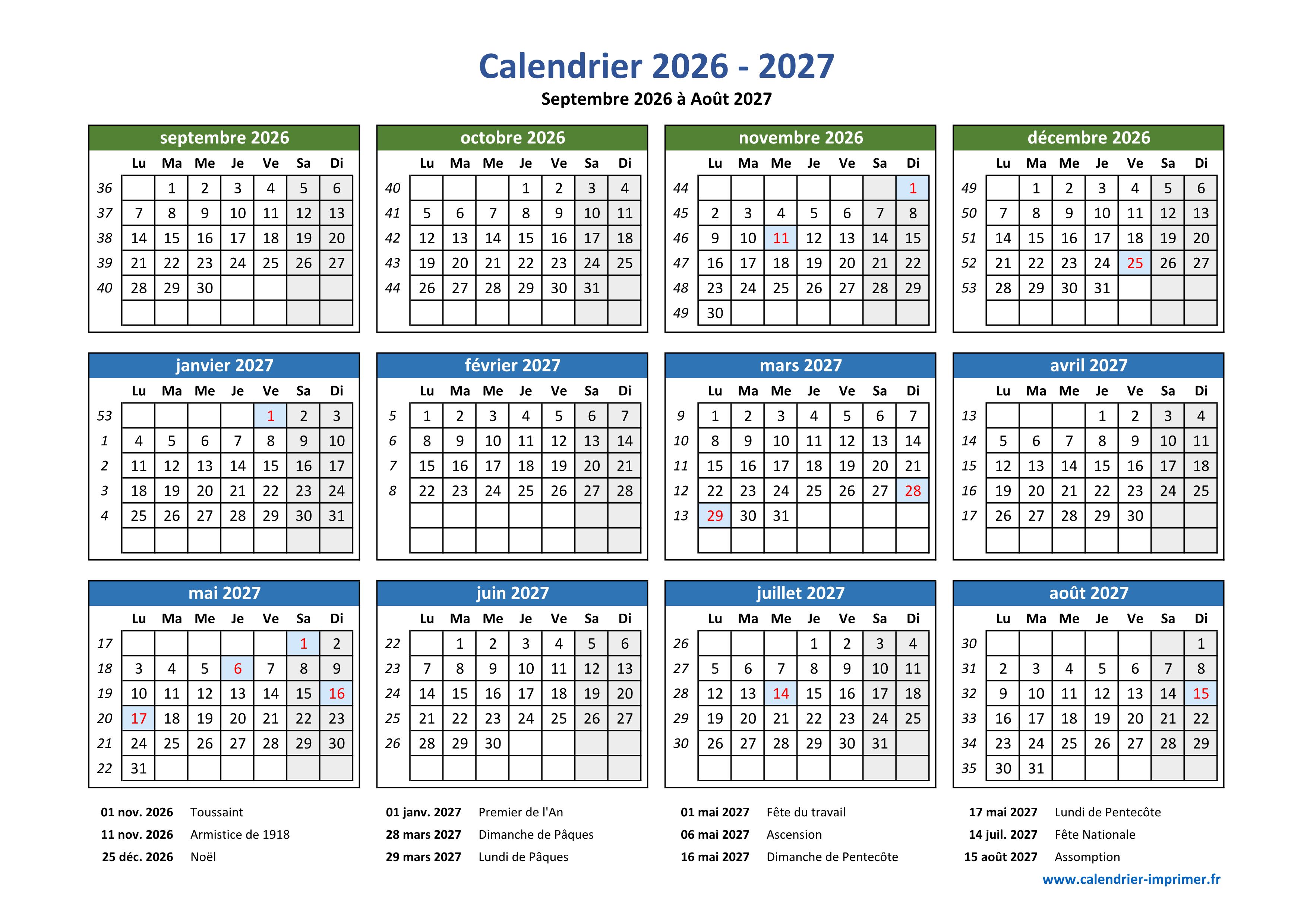 Calendrier 2026 2027 Imprimer Calendrier 2026 2027 Imprimer