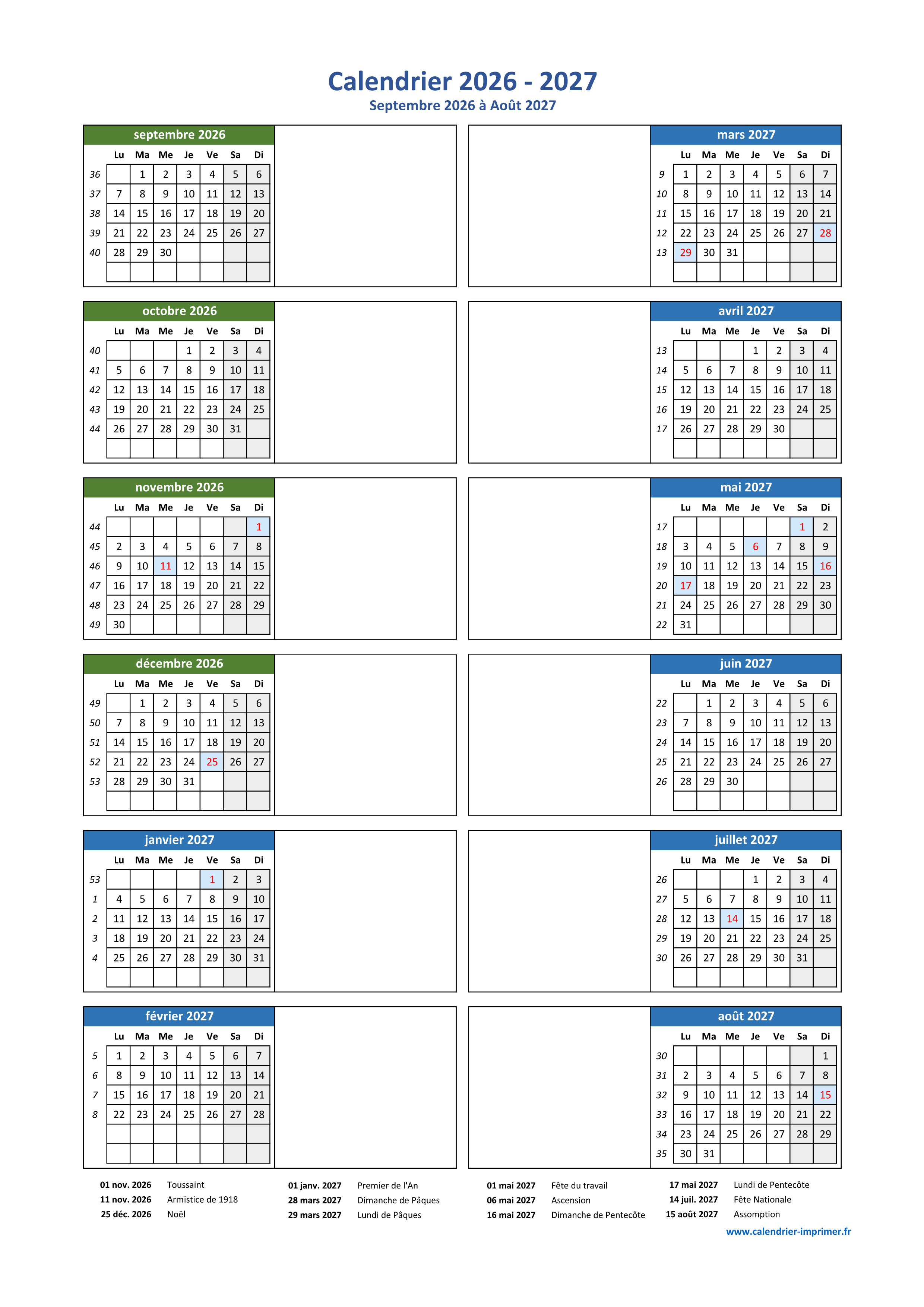 Calendrier 2026 2027 Imprimer Calendrier 2026 2027 Imprimer