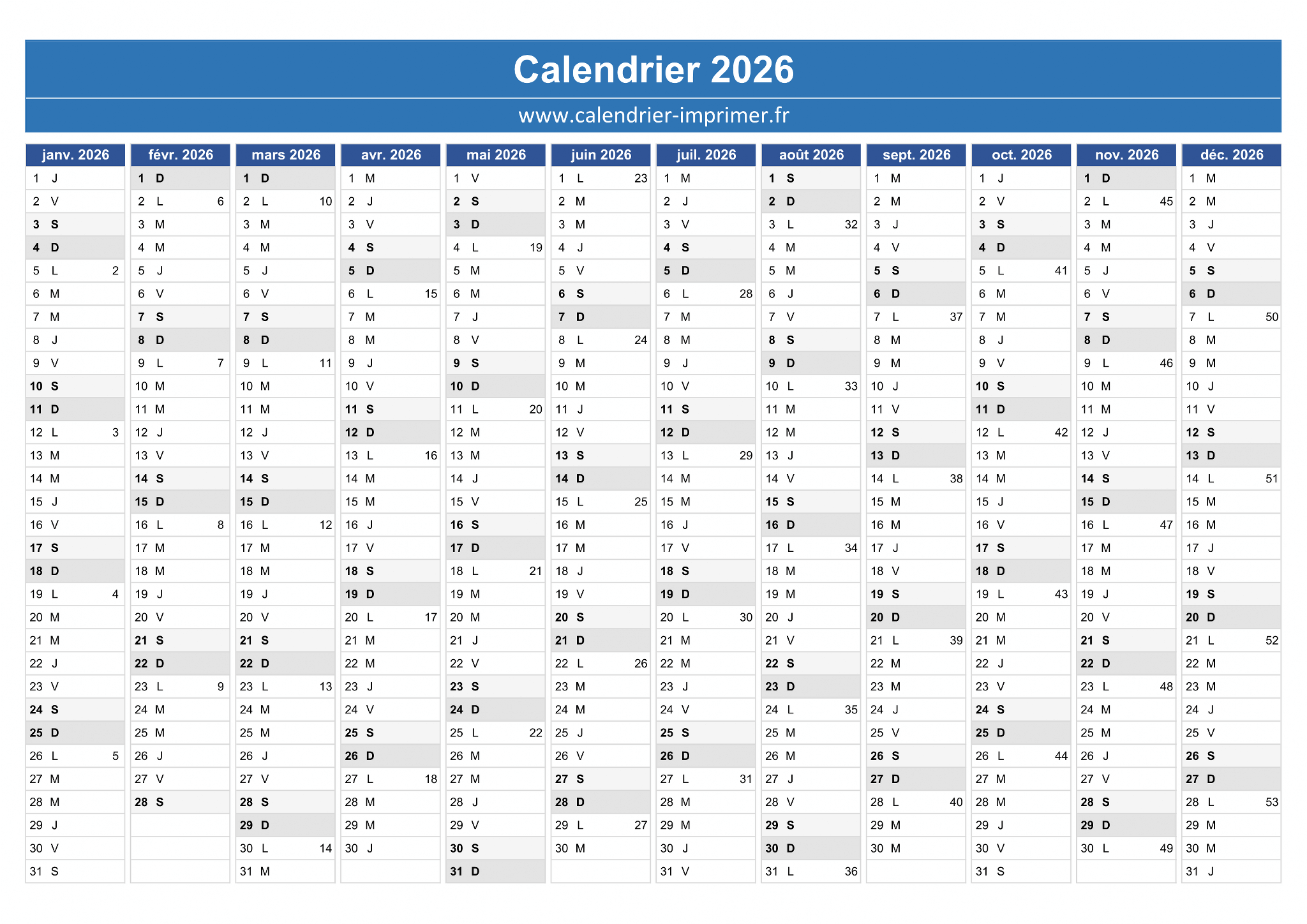 Calendrier 2026 Imprimer Gratuit Calendrier 2026 Imprimer Gratuit
