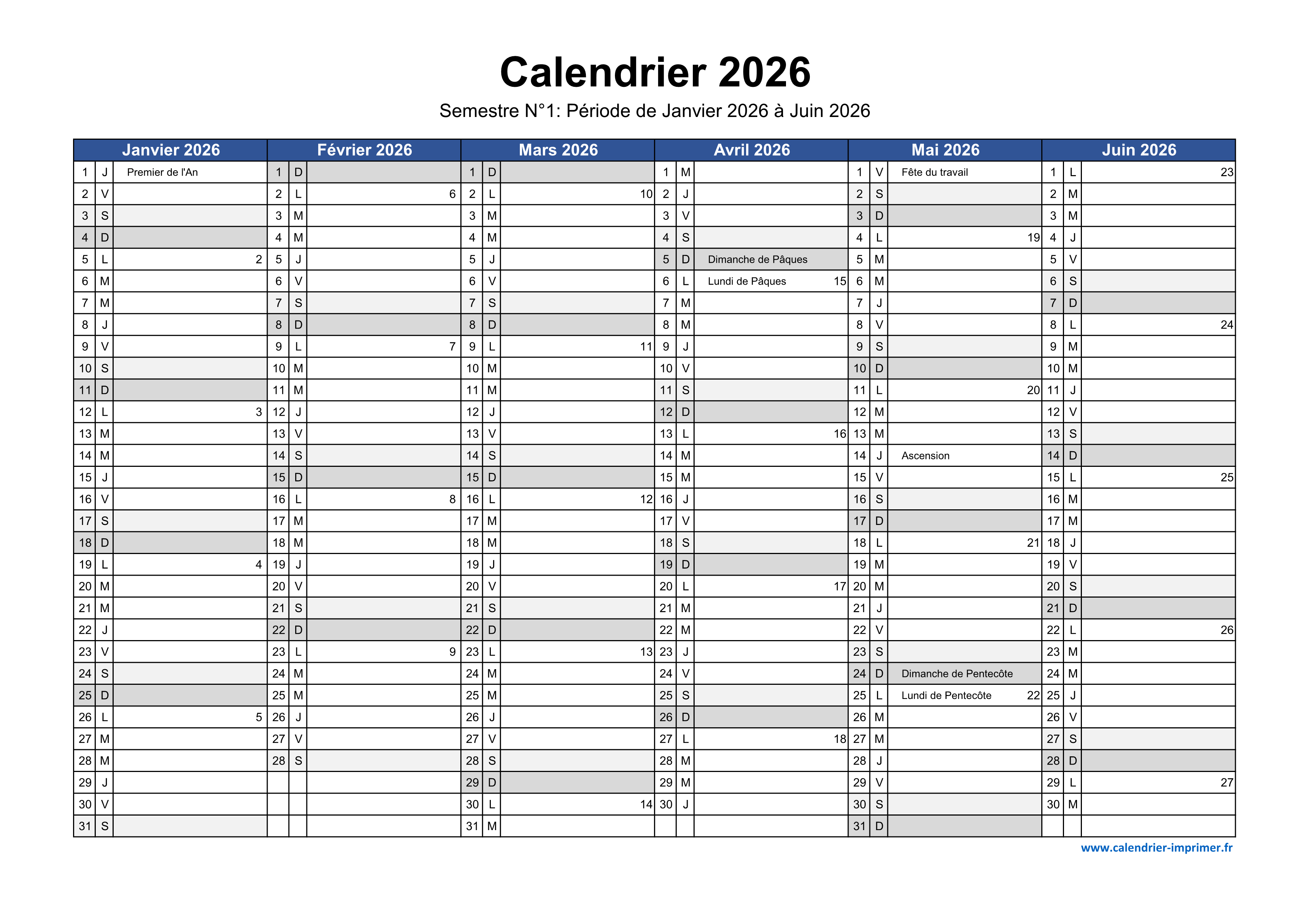 Calendrier 2026 Imprimer Gratuit