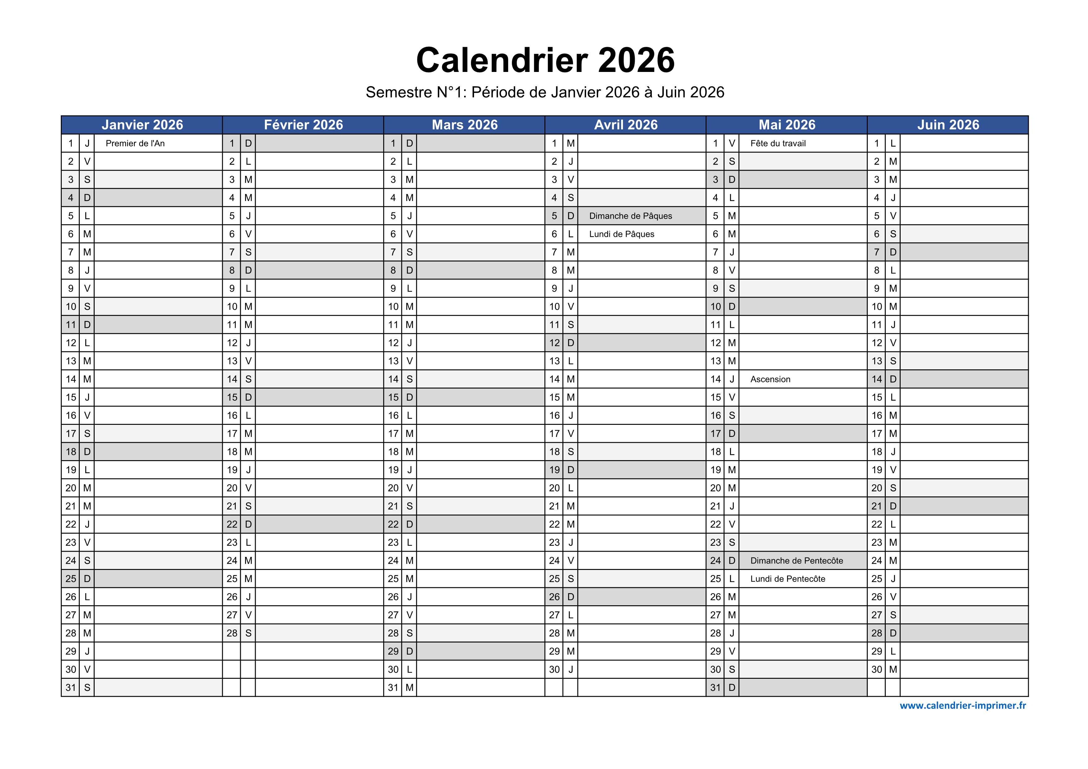 Calendrier 2026 En Excel