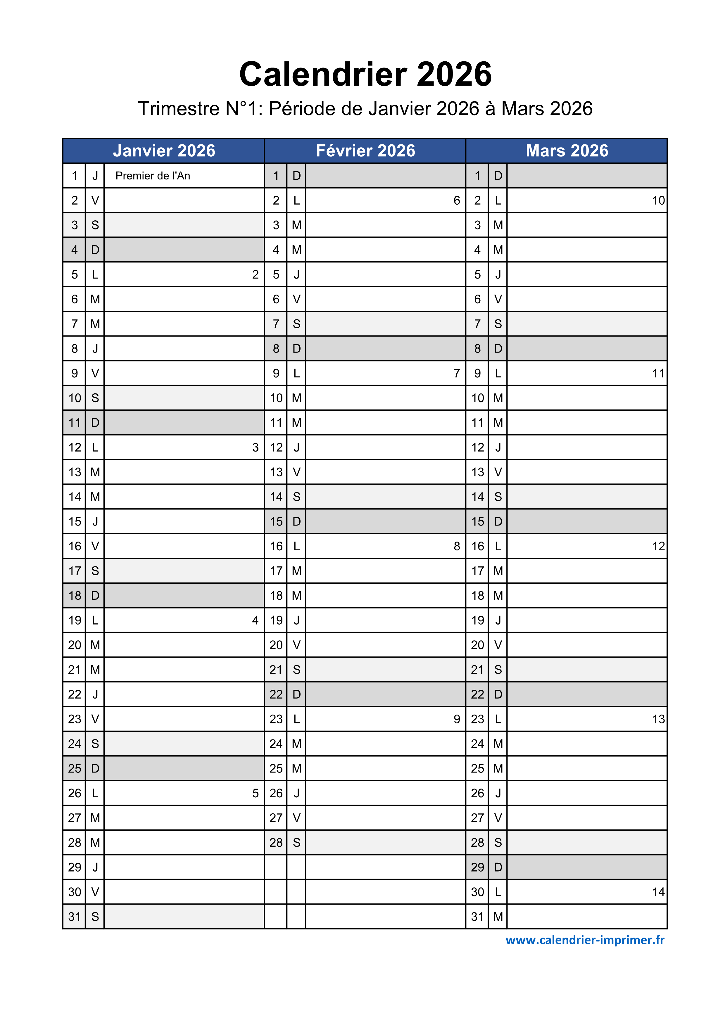 Calendrier 2026 Imprimer Gratuit