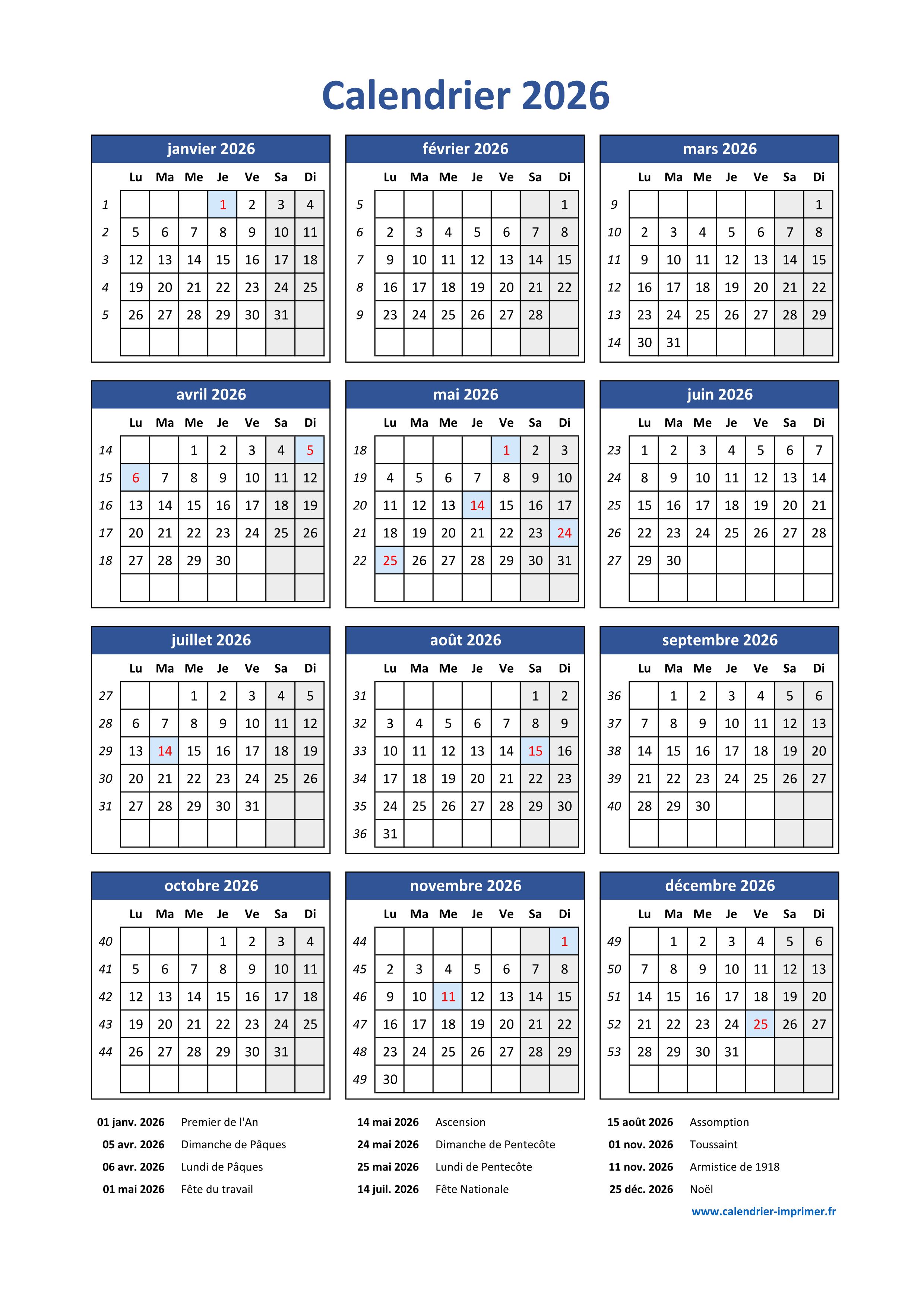 Calendrier 2026 Imprimer Gratuit Calendrier 2026 Imprimer Gratuit