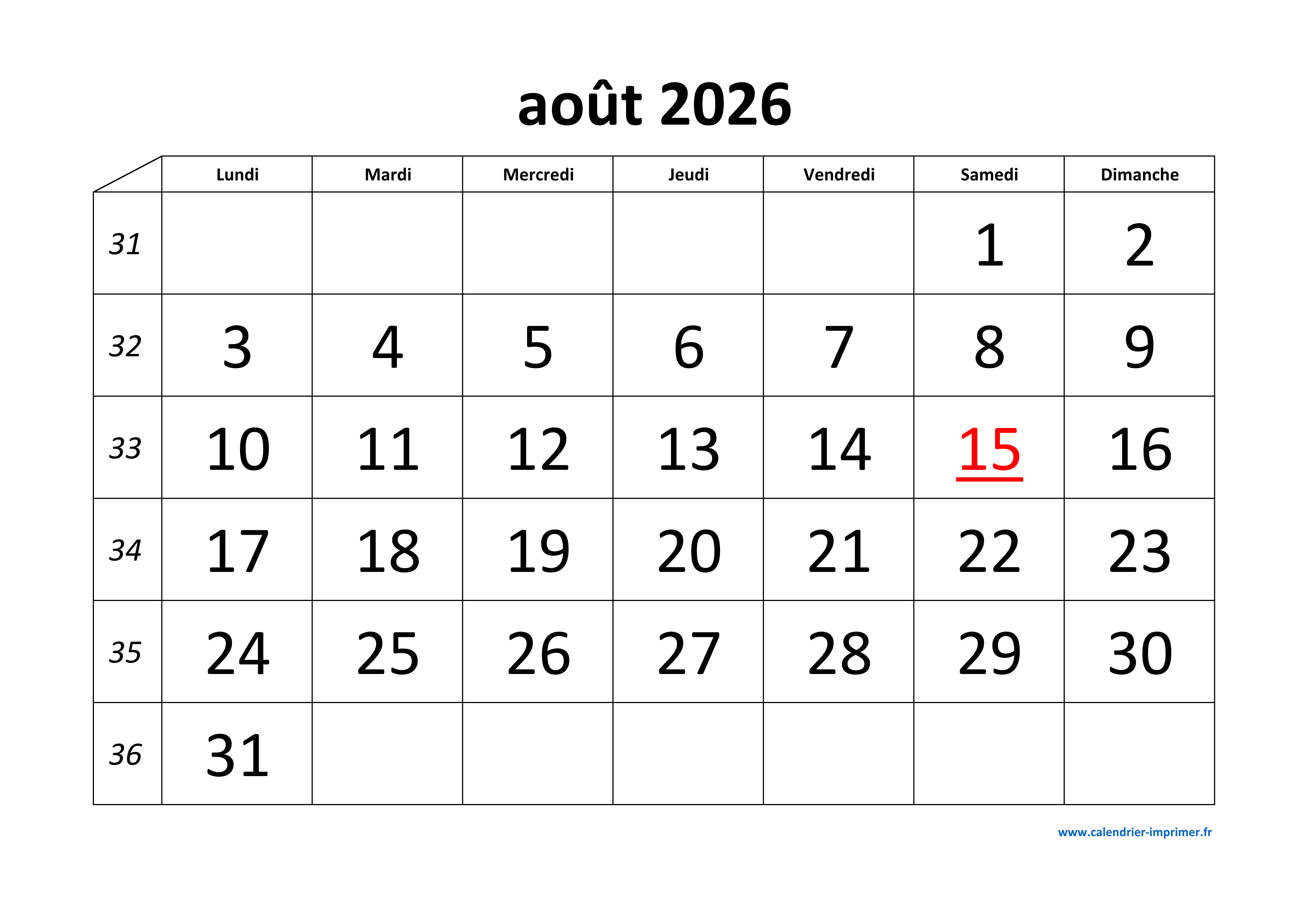 Calendrier Ao t 2026 Imprimer Calendrier Ao t 2026 Imprimer