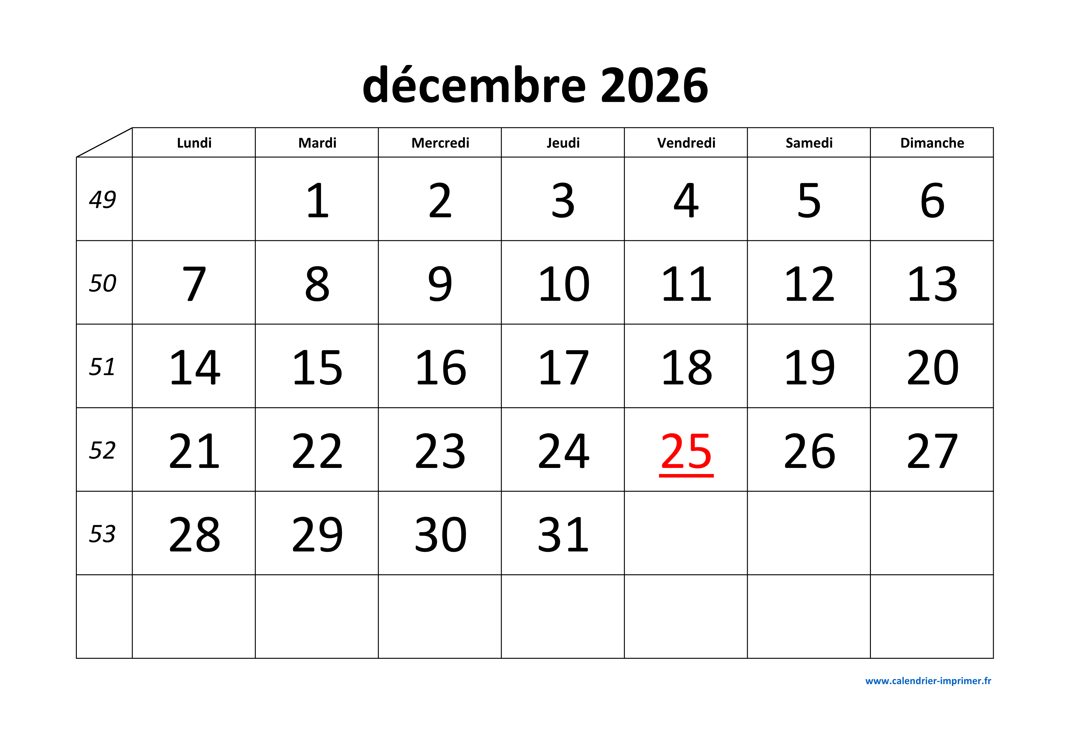 Calendrier D cembre 2026 Imprimer