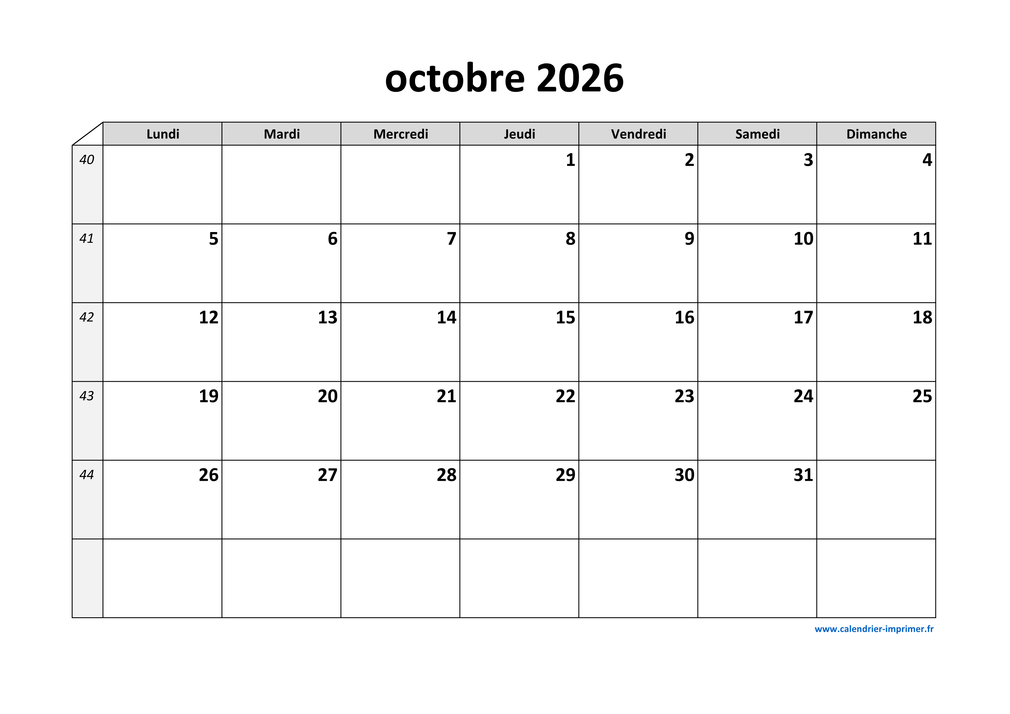 Calendrier Octobre 2026 Imprimer Calendrier Octobre 2026 Imprimer