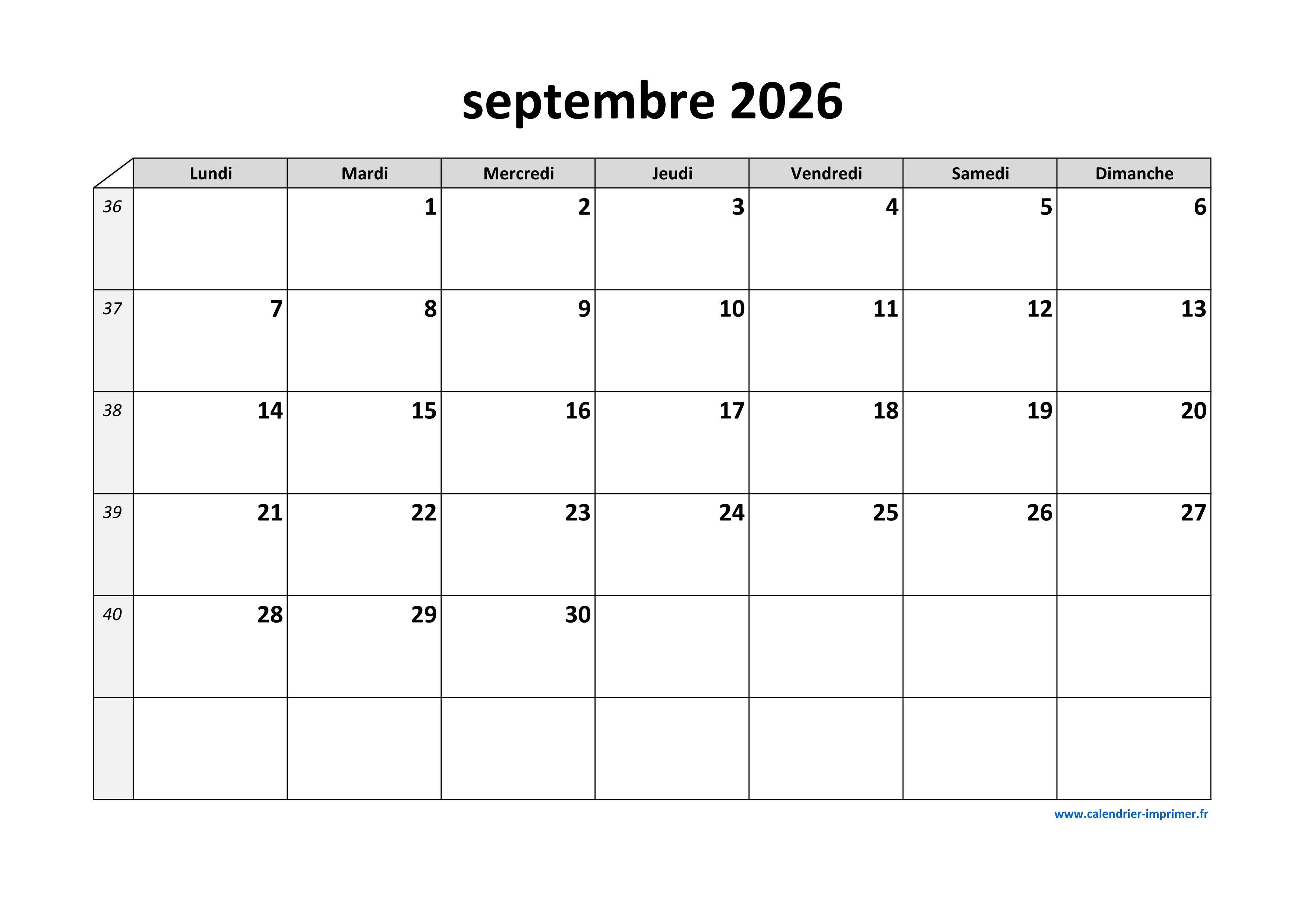 Calendrier Septembre 2026 Imprimer Calendrier Septembre 2026 Imprimer