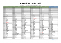 Calendrier Août 2026 à Juillet 2027 Semestre Fêtes