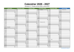Calendrier Août 2026 à Juillet 2027 Semestre
