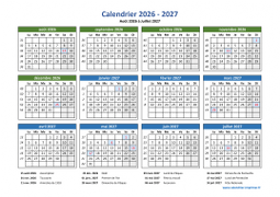 Calendrier Août 2026 à Juillet 2027 Vacances Horizontal