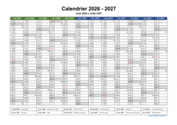 Calendrier Août 2026 à Juillet 2027 Vierge