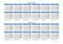 Calendrier Janvier 2026 à Décembre 2027 Horizontal Modèle 01