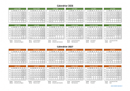 Calendrier Janvier 2026 à Décembre 2027 Horizontal Modèle 02