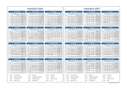 Calendrier Janvier 2026 à Décembre 2027 Horizontal Modèle 03
