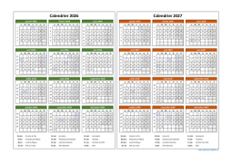 Calendrier Janvier 2026 à Décembre 2027 Horizontal Modèle 04