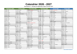 Calendrier Septembre 2026 à Août 2027 Semestre Fêtes