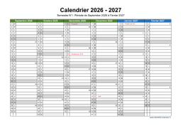 Calendrier Septembre 2026 à Août 2027 Semestre