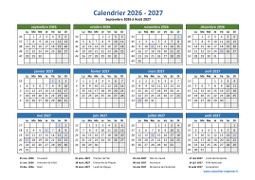 Calendrier Septembre 2026 à Août 2027 Vacances Horizontal