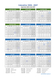 Calendrier Septembre 2026 à Août 2027 Vacances Vertical