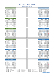 Calendrier Septembre 2026 à Août 2027 Vertical 2 Colonnes