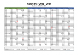 Calendrier Septembre 2026 à Août 2027 Vierge