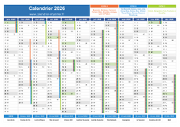 Calendrier 2026 avec vacances, jours fériés, phase de la lune et numéros de semaine