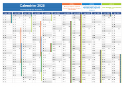 Calendrier 2026 avec vacances scolaires et numéros de semaine