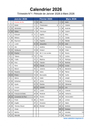 Calendrier 2026 par trimestre avec fêtes