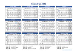 Calendrier Annuel 2026 Vacances Horizontal